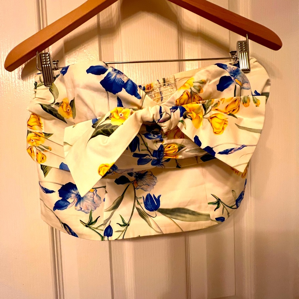 Express cropped cream, blue, yellow floral bustier top, size M